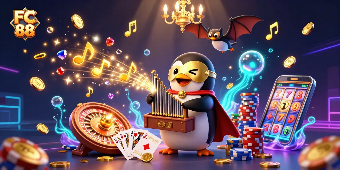 Experience the thrill of FC 88 as the phantom opera penguin plays and coins cascade around the casino scene.