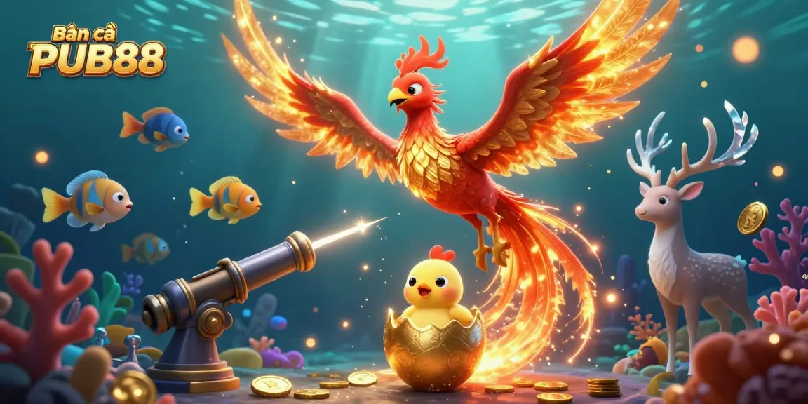 Bắn cá PUB88 vibrant underwater scene with phoenix and baby hatchling, showcasing exciting fish shooting action.