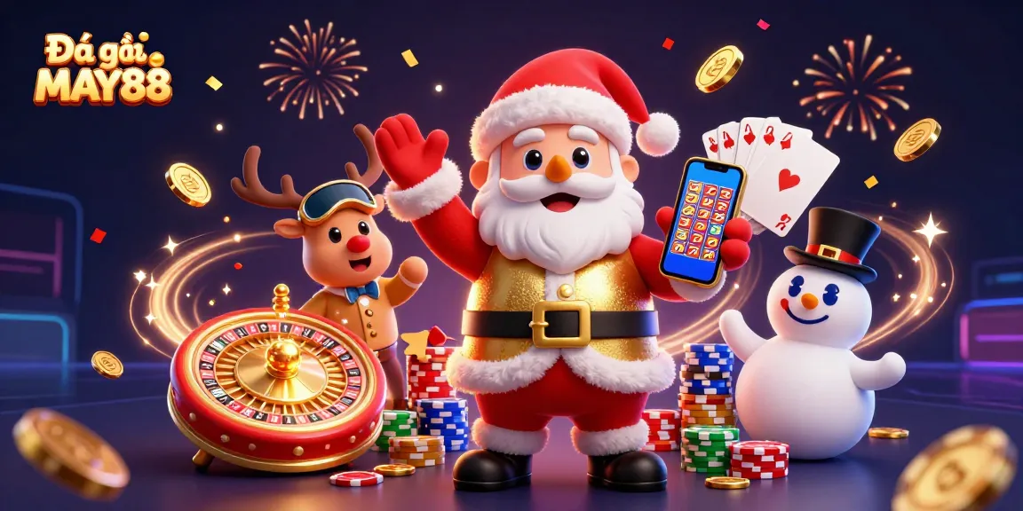 Engage with Đá gà MAY88 in a vibrant 3D casino scene featuring Santa and friends.
