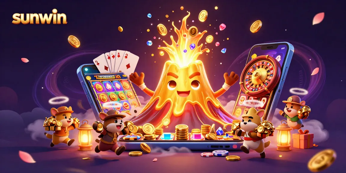Experience thrilling wins at sunwin with a dazzling 3D themed illustration showcasing vibrant casino elements.