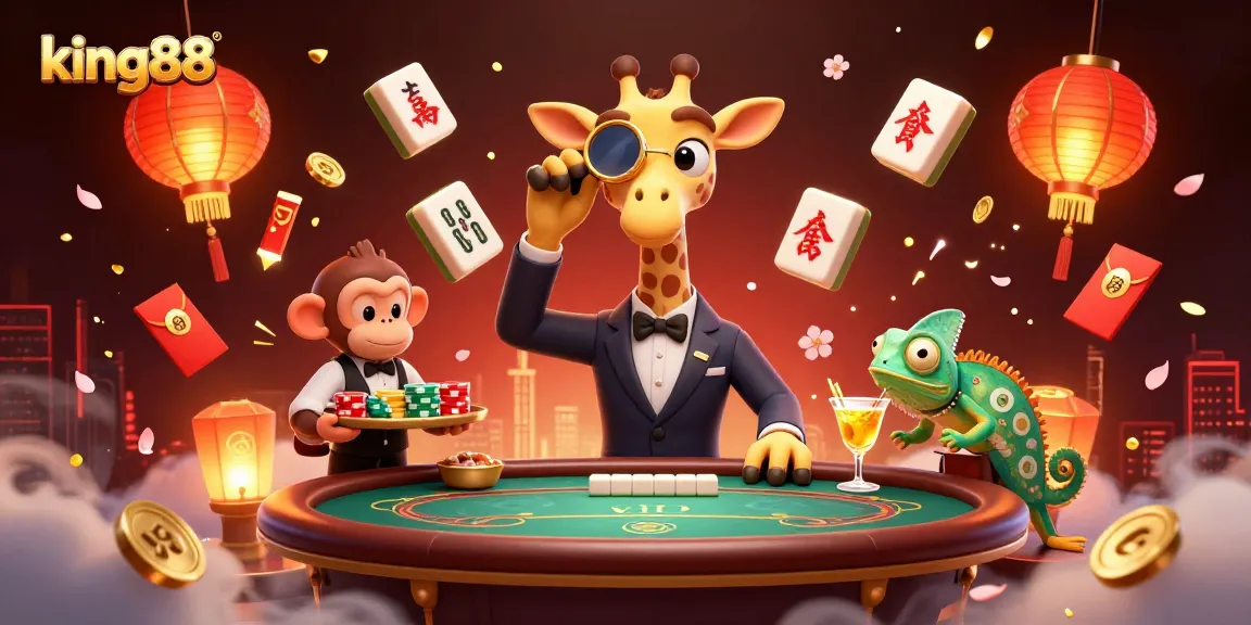 Join the excitement at king88 with a vibrant 3D illustration of a giraffe high-roller at a poker table surrounded by festive gaming elements.