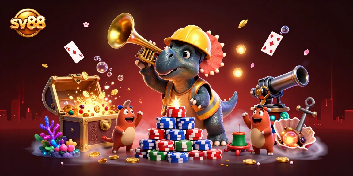 Experience the thrilling world of sv88 as a triceratops builds poker chips with excitement in a vibrant casino setting.