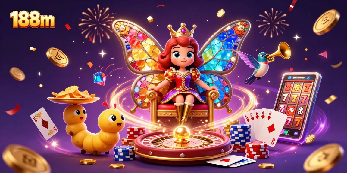 Engage in thrilling gaming action with 188m, showcasing vibrant casino elements and a dazzling butterfly queen.