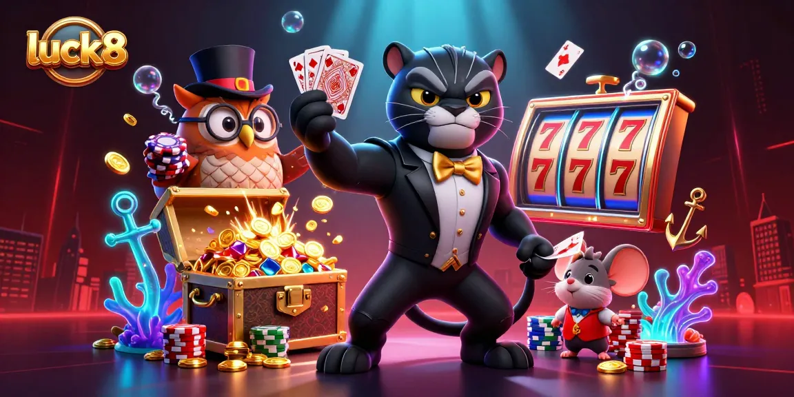 Experience thrilling action with luck8 at this vibrant 3D casino scene featuring dynamic gaming elements.