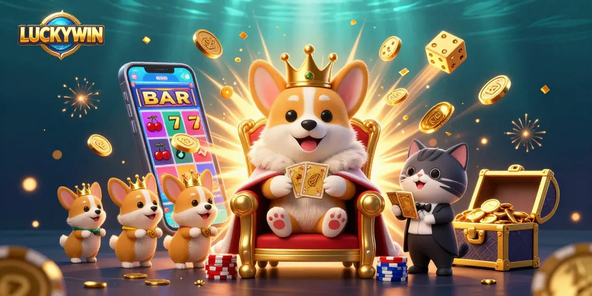 LUCKYWIN unleashes excitement with a royal corgi surrounded by vibrant casino symbols and golden treasures.