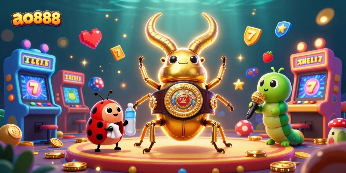 Engage with ao888's vibrant casino scene featuring a heroic stag beetle, slot reels, and energetic gaming elements