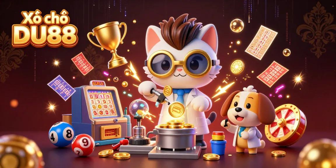 Xổ số DU88 features a lively 3D illustration showcasing lottery elements and colorful characters in an engaging scene.