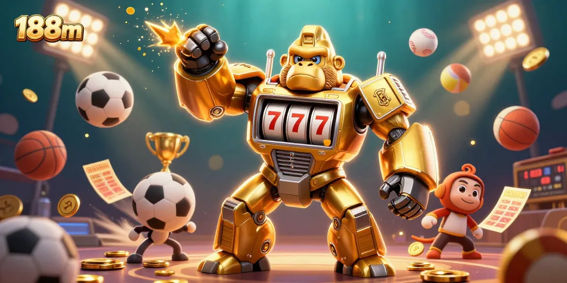 Experience thrilling gaming action with 188m in a dynamic scene featuring a golden gorilla mech and vibrant sports elements.
