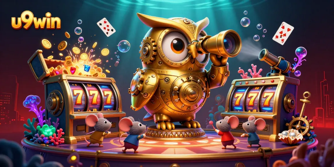 Win with u9win: An immersive casino scene featuring a golden owl and fun slot elements.