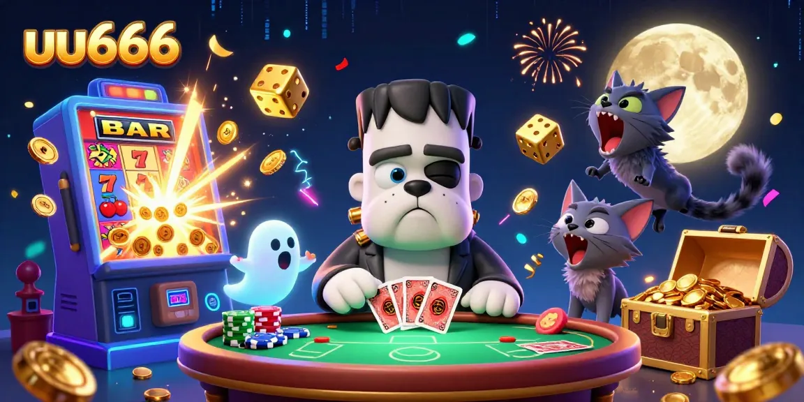 uu666 casino scene with a Frankenstein bulldog dealing cards and a ghost mouse
