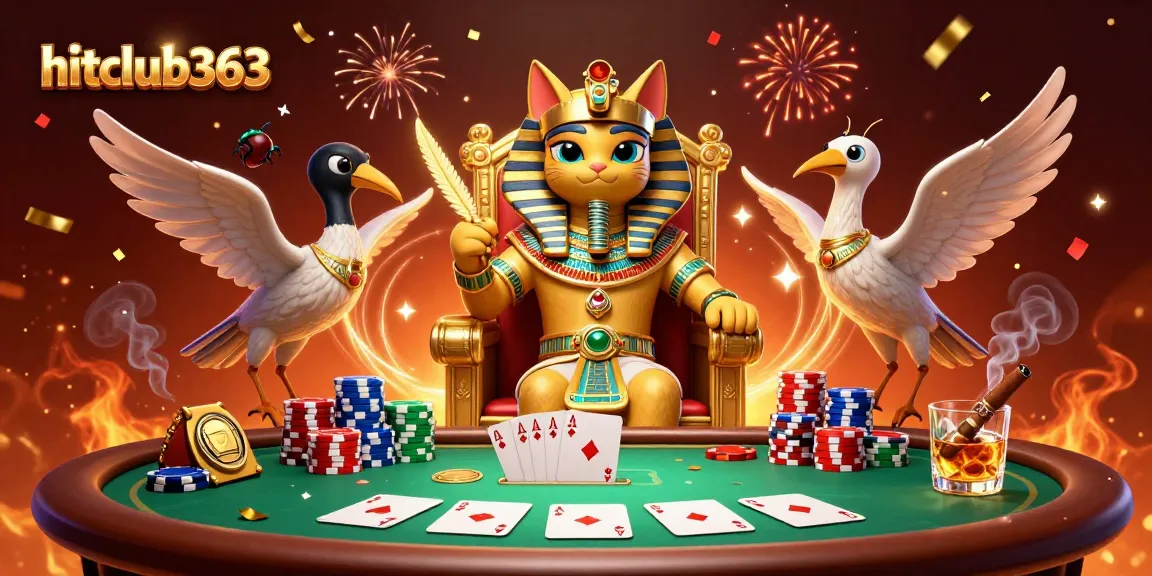 Win big at hitclub363 with a vibrant 3D gaming scene featuring an Egyptian pharaoh cat and poker elements.