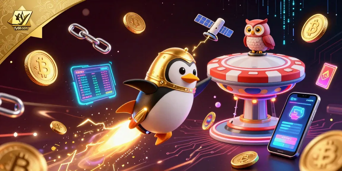 Engage with fly88 com as a golden penguin blasts through space toward a casino station filled with crypto elements.