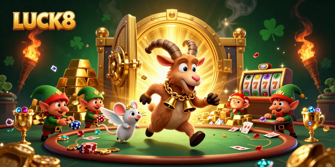 LUCK8 casino scene featuring Krampus goat, angel mouse, and elf gremlins amidst gold and slot elements.