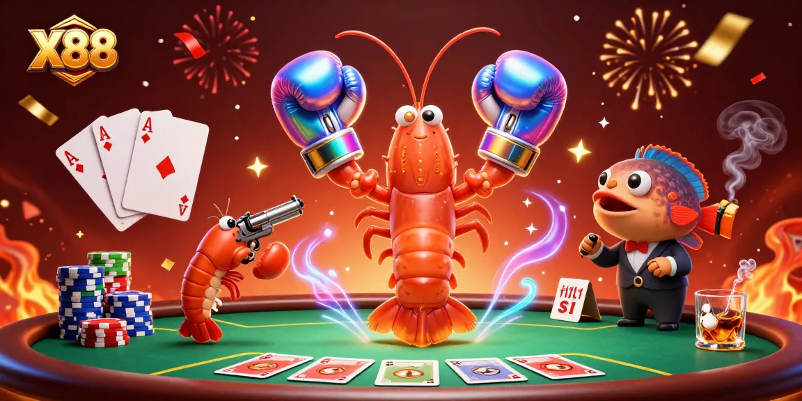 X88 engages in poker with vibrant sea creatures, showcasing a colorful gambling experience.