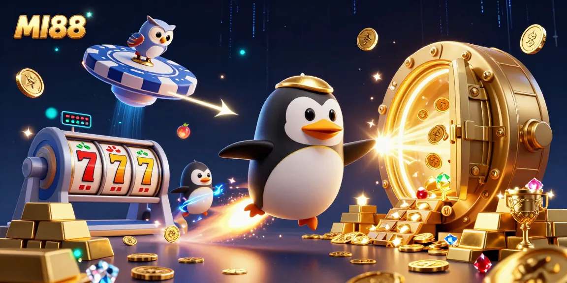 Engage in thrilling action with MI88, featuring a rocket-powered penguin and vibrant slot elements.