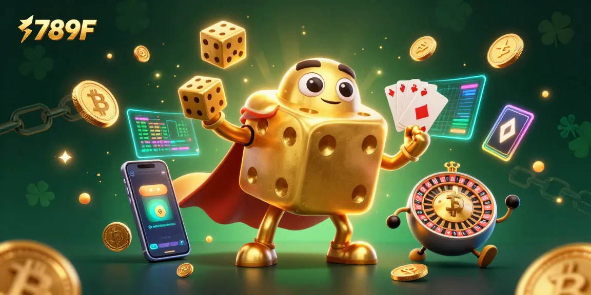 Engage with 789F in this colorful, 3D casino illustration with dynamic gaming elements.