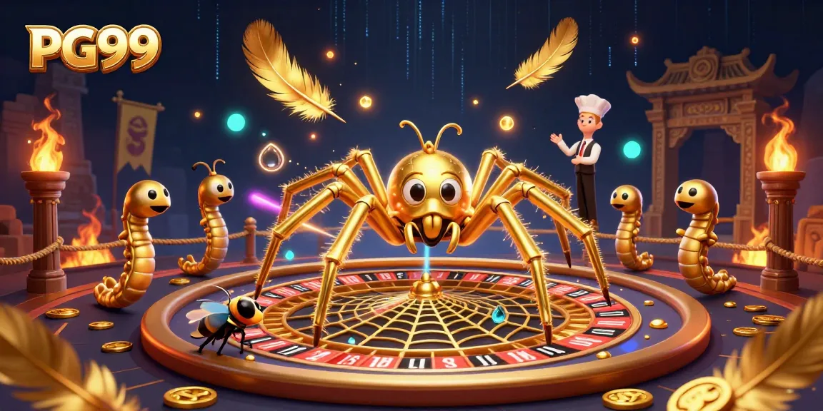 PG99 players experience thrilling bets in a dynamic 3D casino illustration featuring a golden spider and centipede croupier.