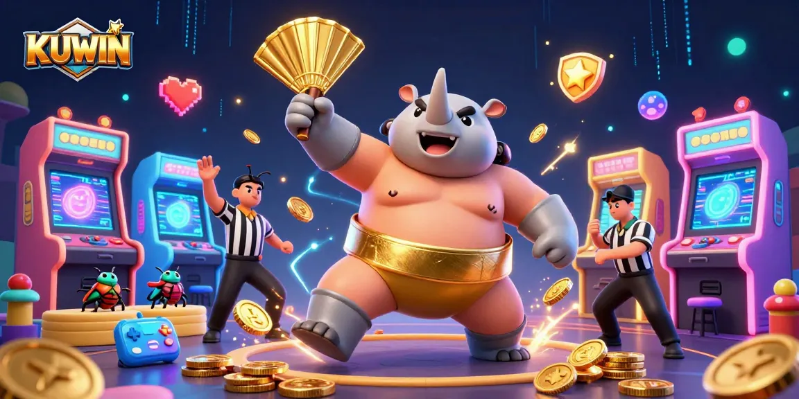 KUWIN engages players with a vibrant casino atmosphere featuring a sumo beetle champion surrounded by gaming elements.