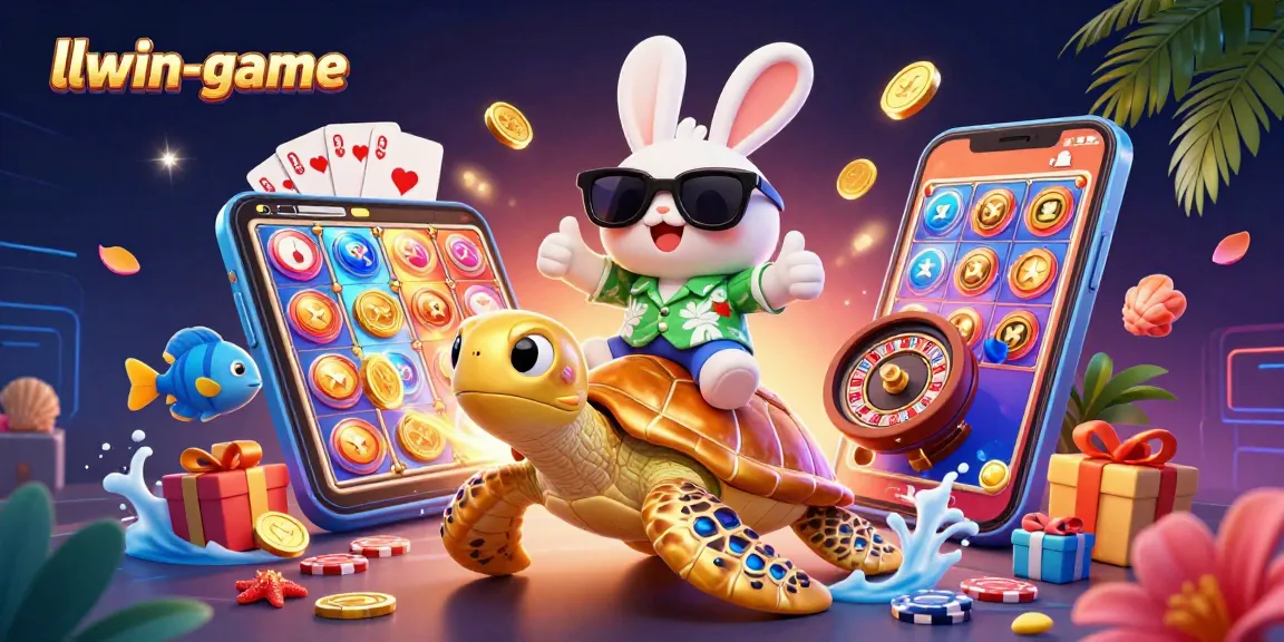 Engage in gaming excitement at llwin-game with a 3D cartoon scene of a lucky rabbit and golden turtle.