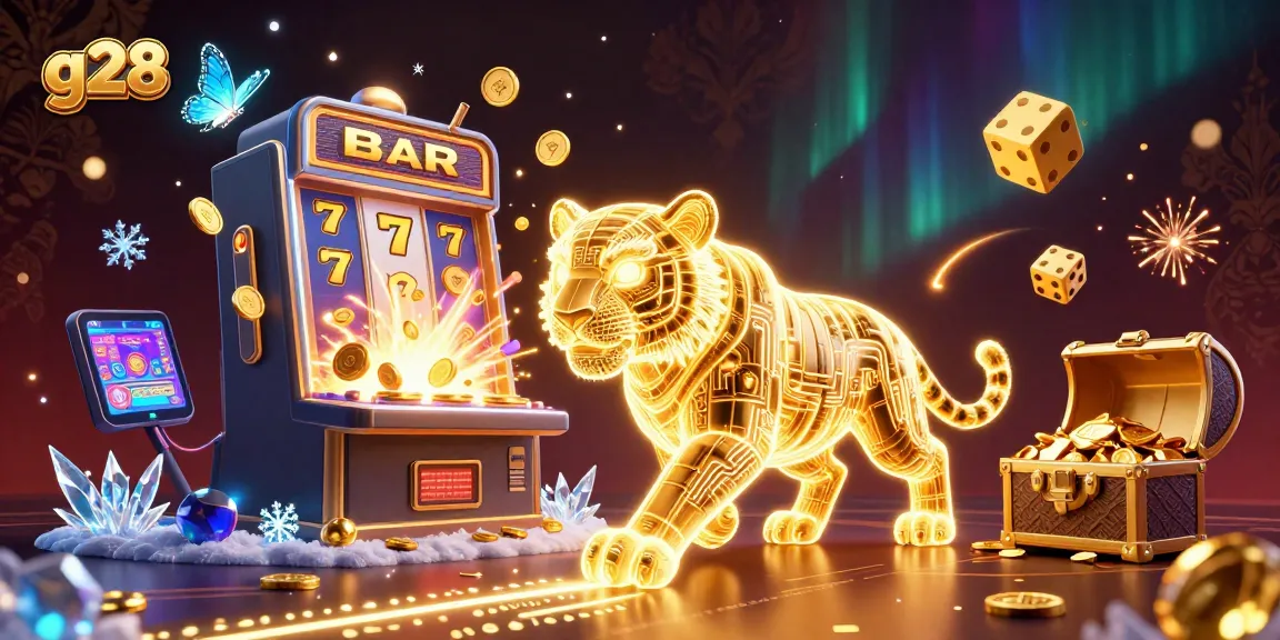 Experience g28's thrilling digital casino scene featuring a neon golden tiger amidst a jackpot explosion.