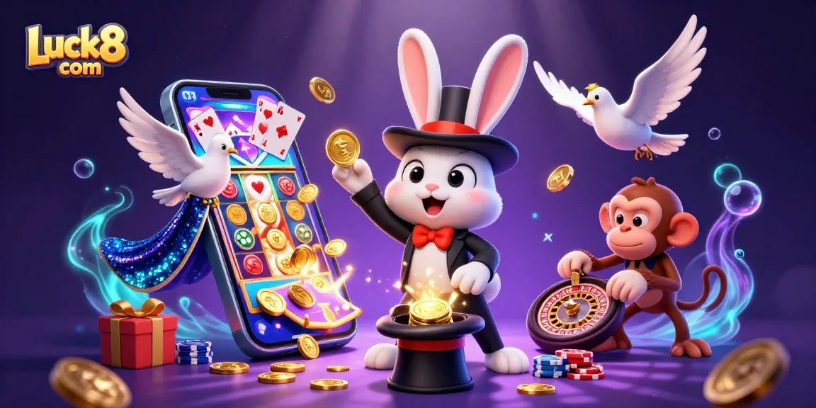 Luck8 com presents a lively scene from a casino featuring a magician rabbit, dove, and monkey amid gaming excitement.