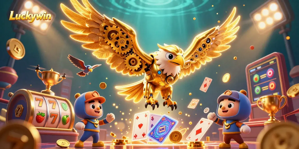 Experience thrilling gameplay with Luckywin's vibrant 3D casino illustration featuring a captivating cybernetic eagle and dynamic game elements.