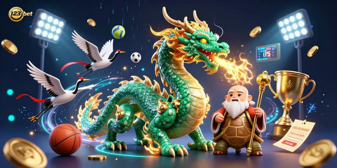 Engage with 123bet and witness a fantasy-filled casino scene with a dragon, sage, and lucky cranes.