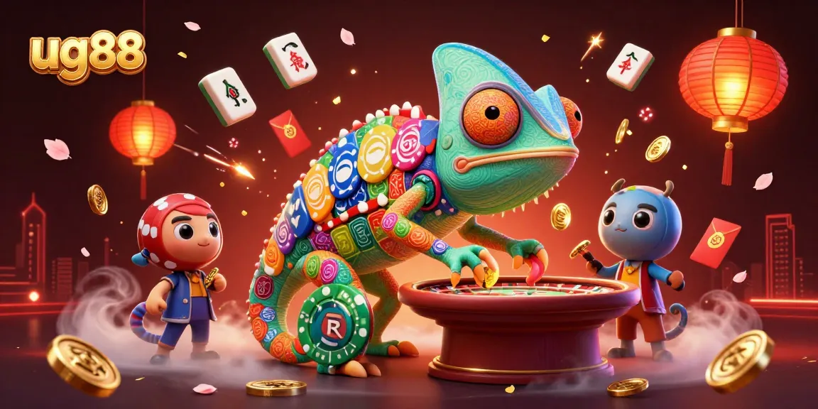 Experience the vibrant gaming action at ug88 with a dynamic 3D chameleon casino owner amid colorful casino elements.