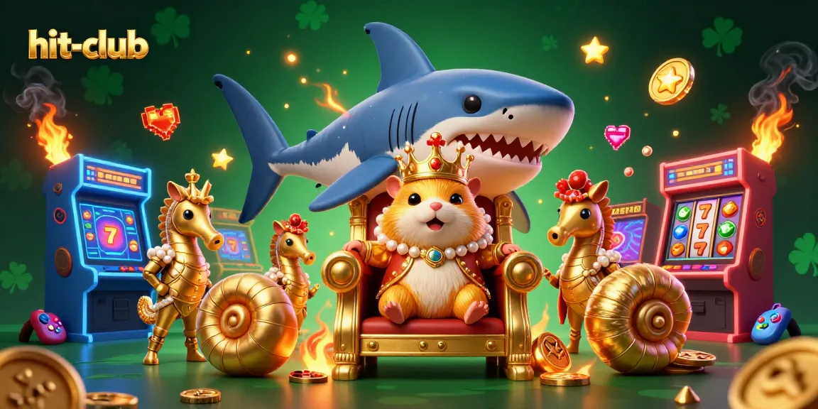 Spin the reels at hit-club with a golden hamster king and vibrant slot elements illuminately surrounding.