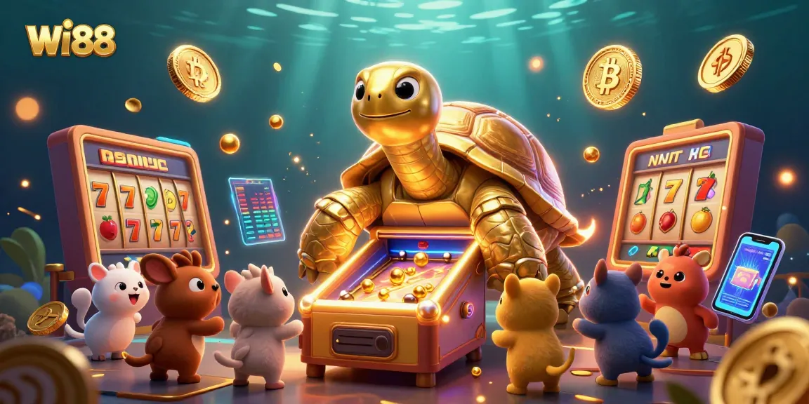 Spin the slots with WI88 in this vibrant casino-themed 3D illustration featuring exciting game elements.