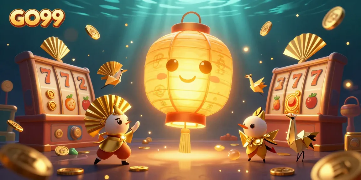 Engage with GO99's vibrant casino world, featuring golden lantern spirits and dynamic slot game elements.