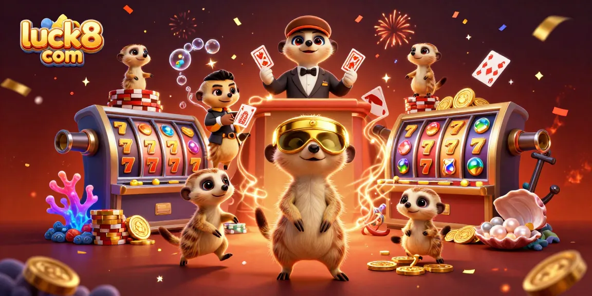 Experience excitement at luck8 com with a vibrant casino scene featuring meerkats and dynamic slot elements.