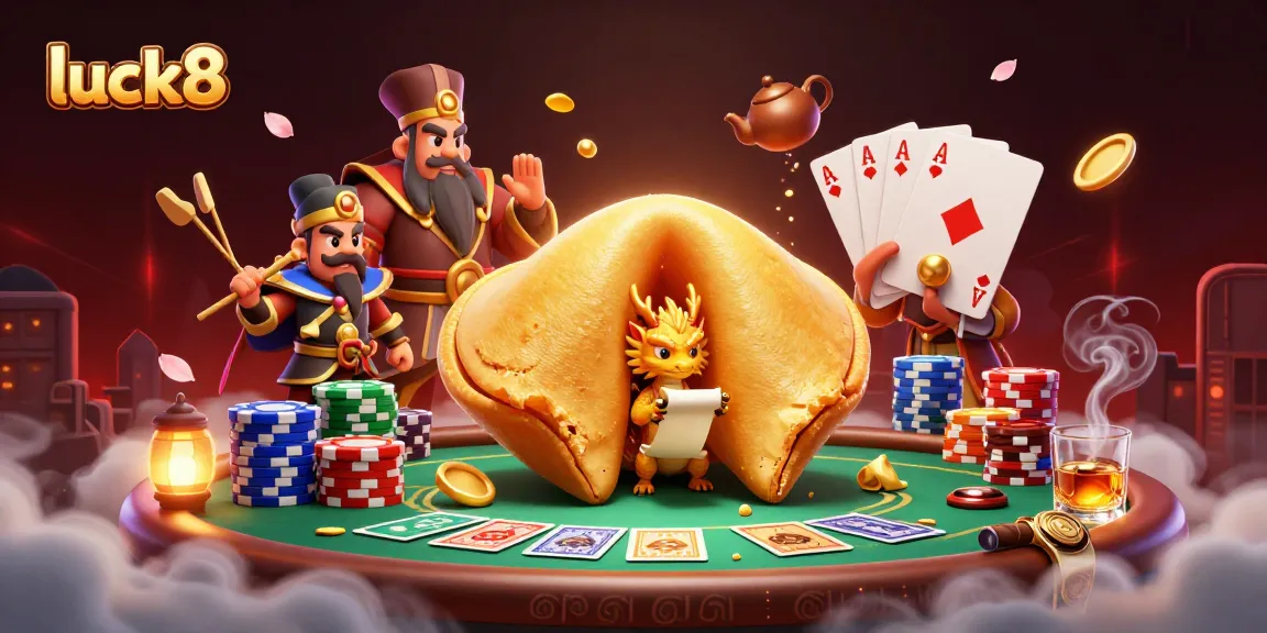 Engage in the luck8 themed casino experience with a golden fortune cookie, poker chips, and magical imagery.