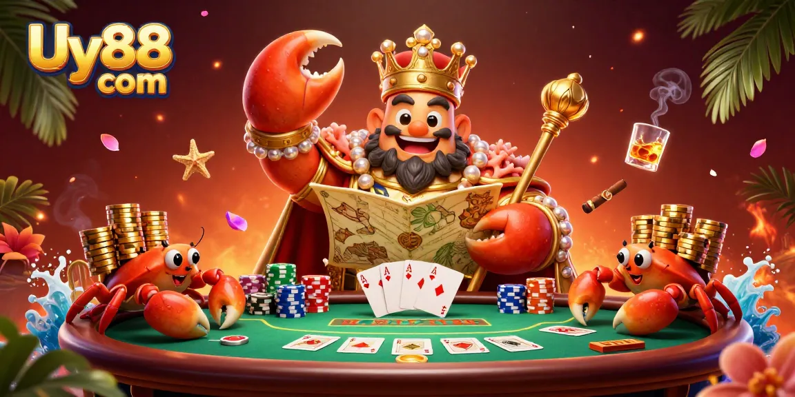 Engage in thrilling gameplay with Uy88 com, featuring a regal crab emperor amidst a vibrant casino scene.