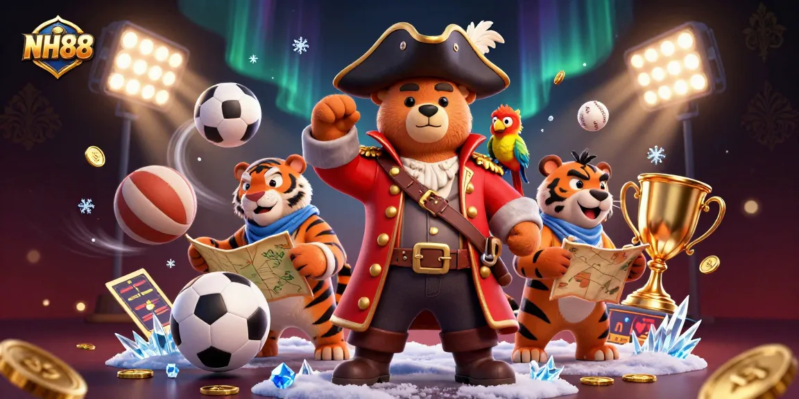 Engage with NH88's thrilling betting experience featuring pirates and sports elements in a captivating 3D scene.