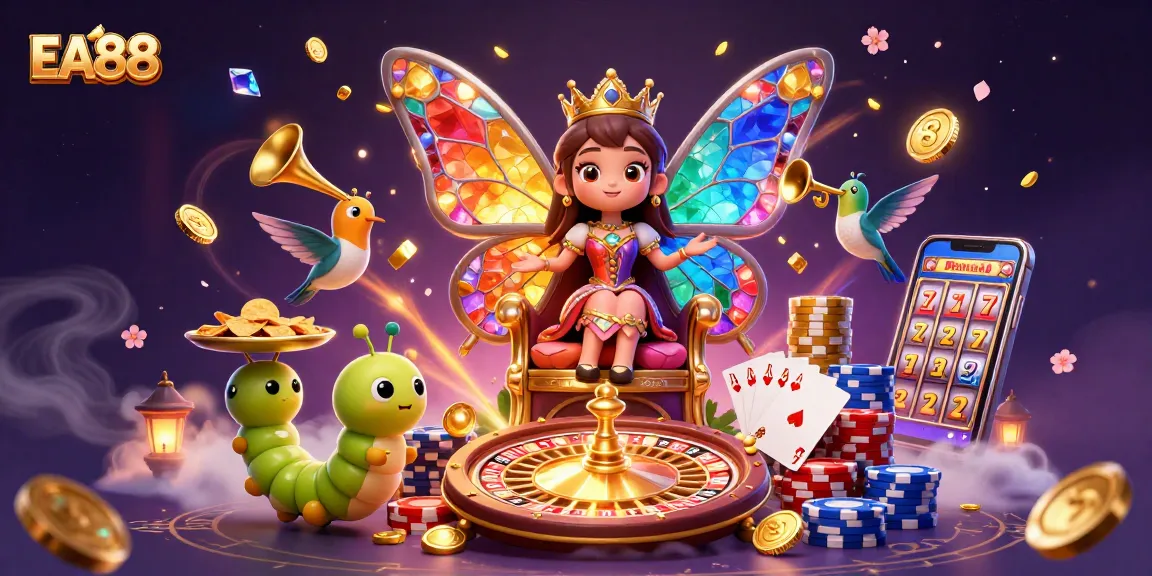 Experience the thrilling EA88 casino world with our vibrant butterfly queen, stacks of chips, and dynamic gaming elements!