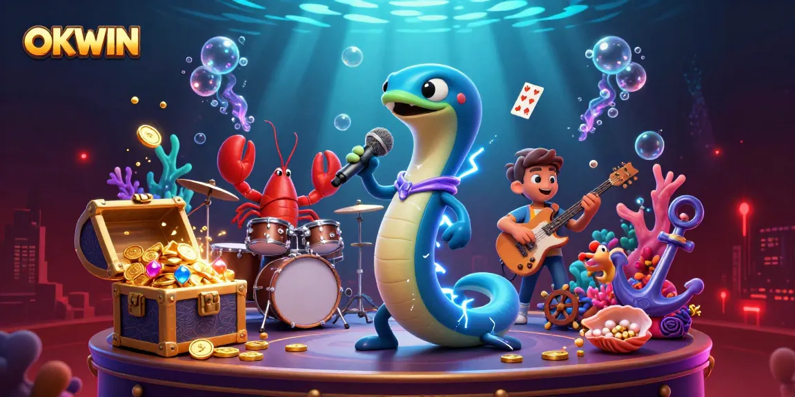 Experience vibrant underwater entertainment with OKWIN's electric eel DJ and a lively casino band