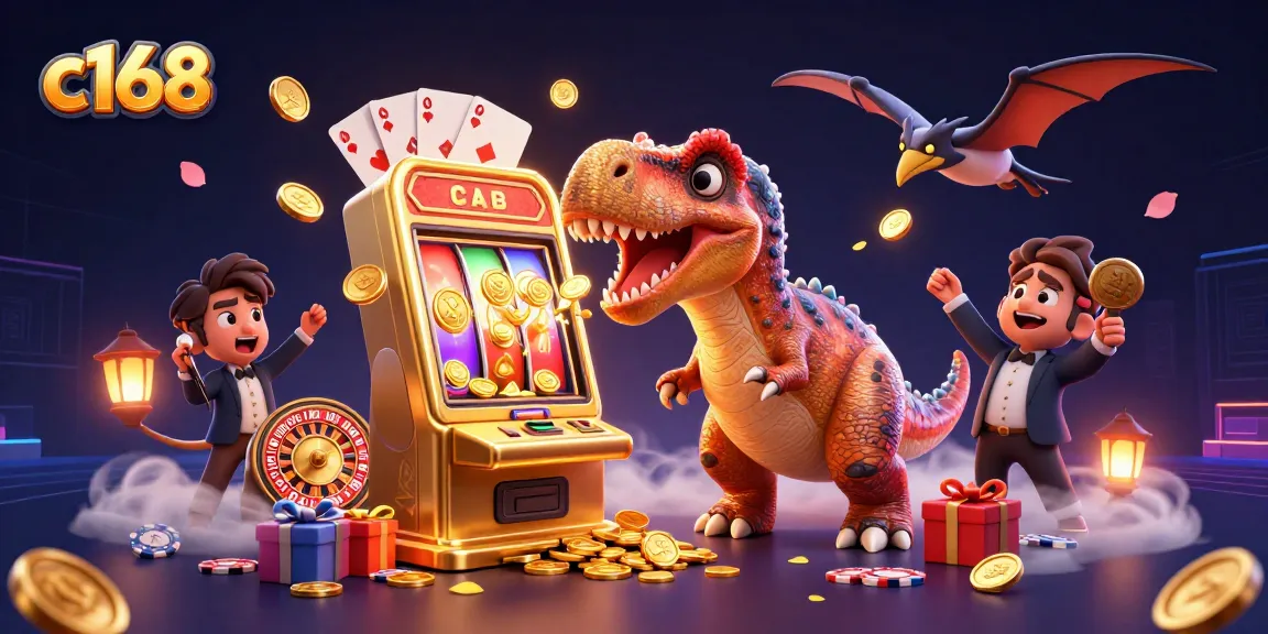 C168 jackpot scene with a pachycephalosaurus winning coins from a slot machine, bringing excitement to the casino floor.