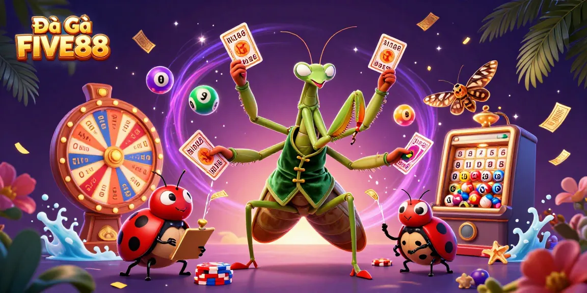 Experience thrilling Đá Gà FIVE88 action amidst vibrant casino elements in this dynamic illustration.