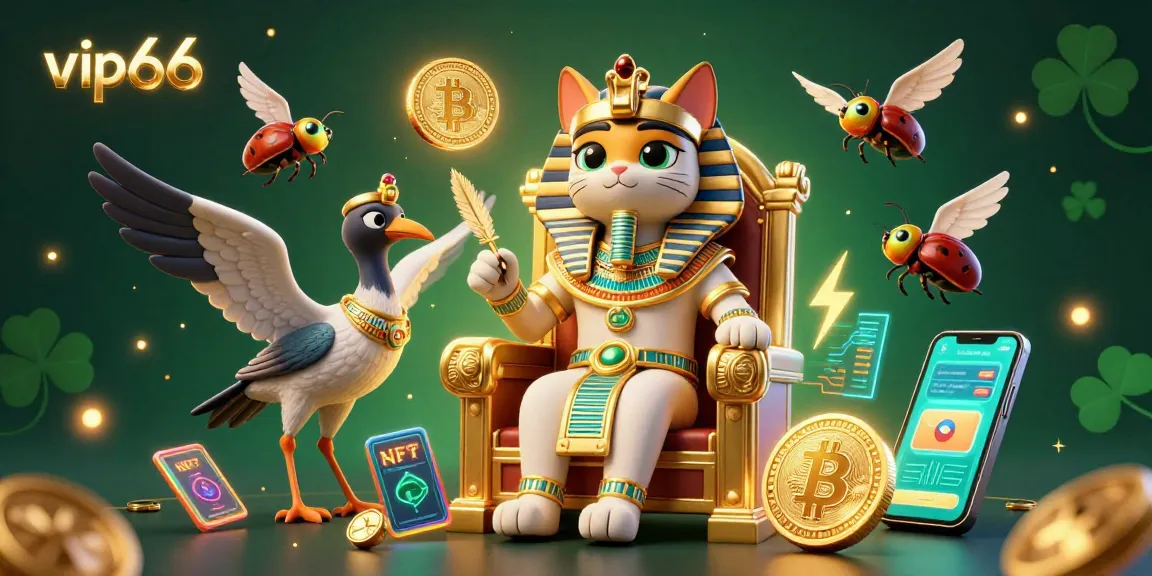 Join the excitement at vip66 with a pharaoh cat amidst crypto coins and bright game elements.