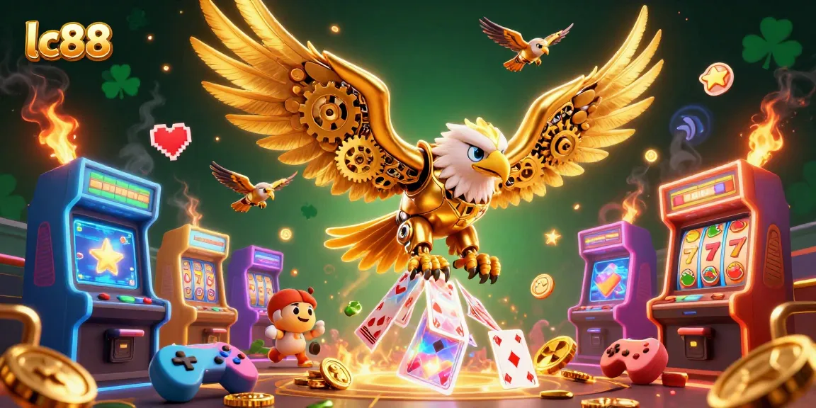 Experience thrilling gameplay with lc88, where a golden eagle dives through holographic playing cards surrounded by casino elements.