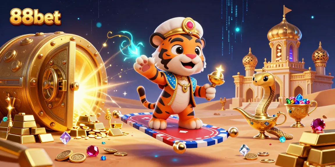 Experience the thrill of 88bet with a vibrant 3D casino scene featuring a tiger sultan and treasures.