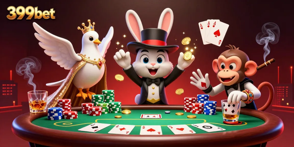 Engage with 399bet's magical casino scene featuring a rabbit, dove, and monkey in a vibrant poker setting.