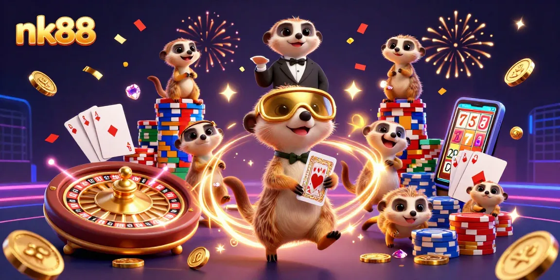 Engage with the vibrant world of nk88, where meerkats manage a dynamic casino with cascading coins and a roulette wheel.