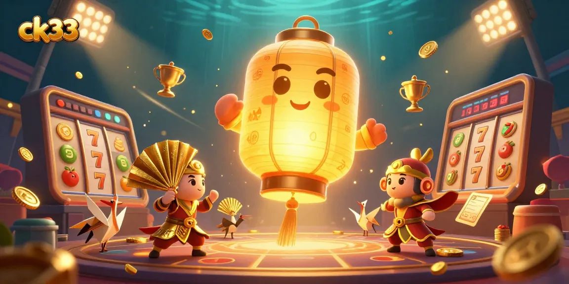 Experience thrilling gaming with ck33 featuring a dynamic golden lantern and slot reels amidst golden elements.
