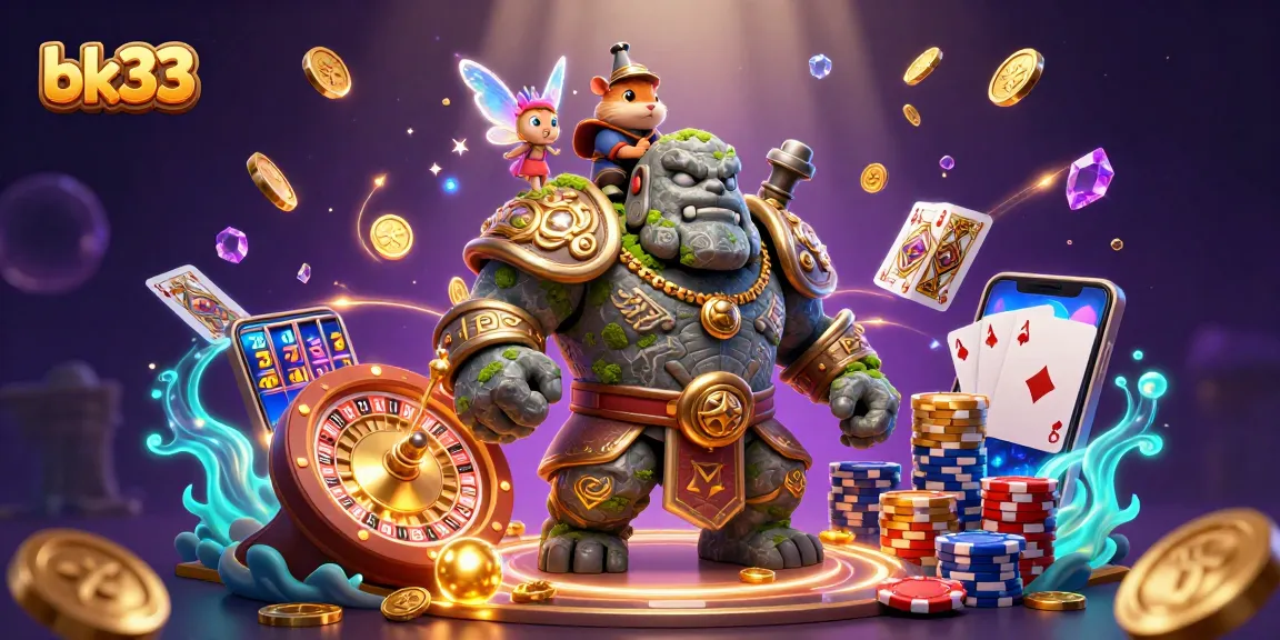 Experience bk33's thrilling magic with a golem, fairy, and knight amidst cascading casino treasures.