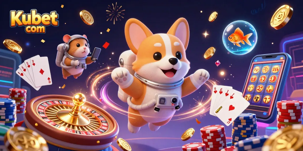 Kubet com showcases a whimsical, vibrant zero-gravity casino scene featuring a playful astronaut corgi, mission hamster, and curious goldfish.