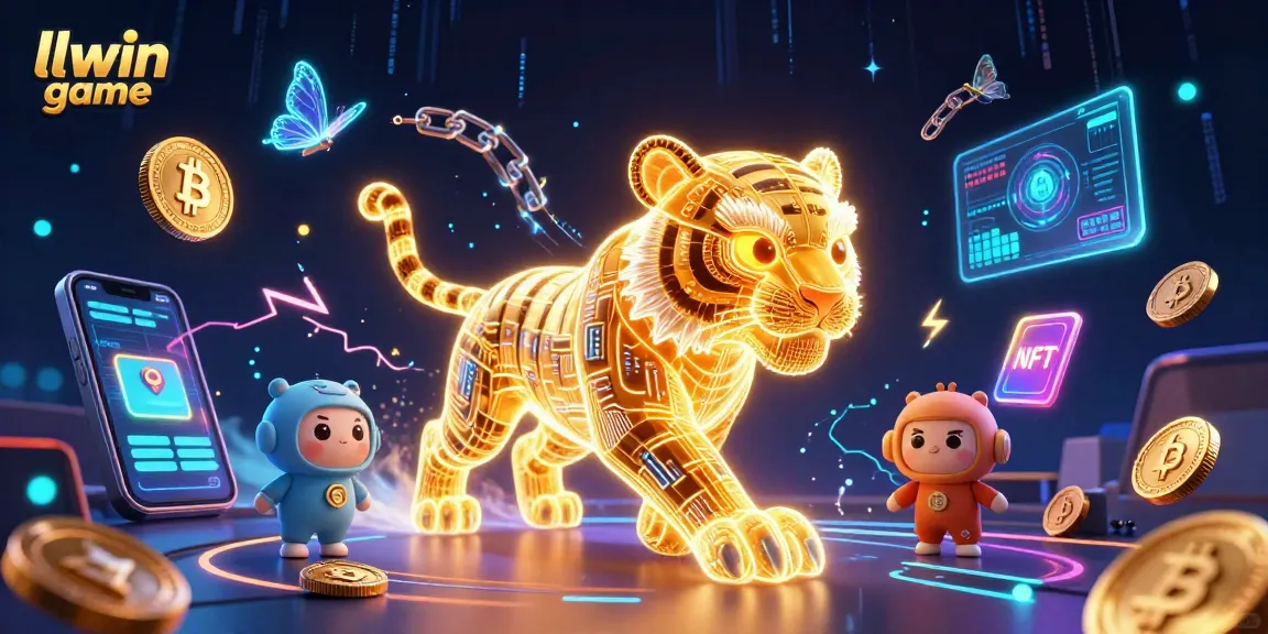 Engage with llwin game as a neon tiger prowls through a dynamic digital casino landscape filled with vibrant elements.
