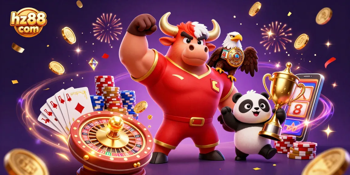 Celebrate wins at hz88 com with vibrant casino characters, shimmering coins, and winning cards!